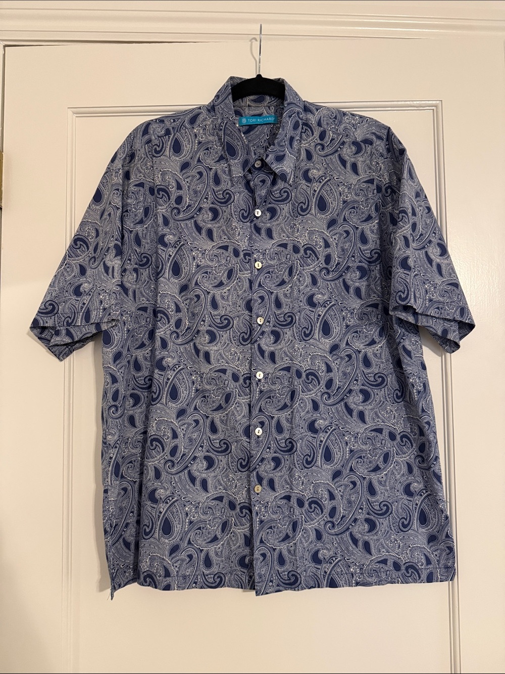 Tori Richard Navy and Light Blue Paisley Short-Sleeve Button-Down